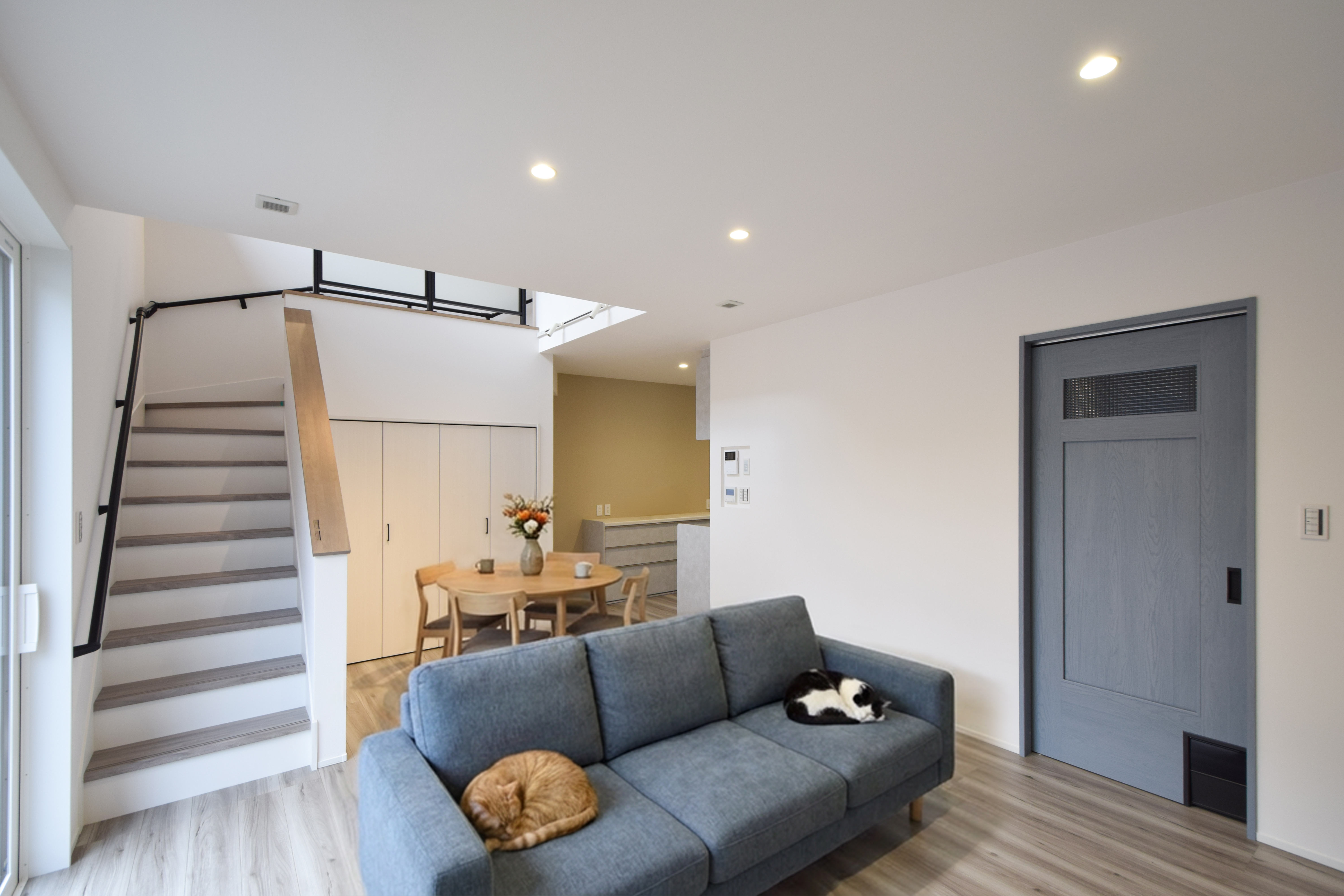 吹き抜けのある明るいLDK。リビング、ダイニング・キッチンがゾーニングされてくつろげる工夫がされている。